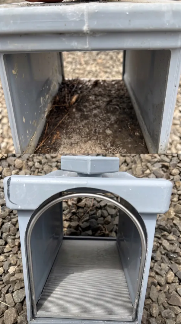 Nettoyage avant-après d'un filtre d'entrée de citerne d'eau de pluie.