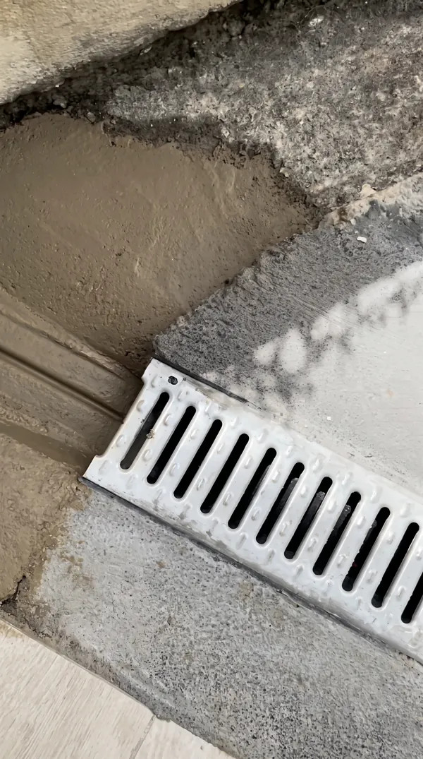 Pose et finition en béton d'un caniveau de drainage.
