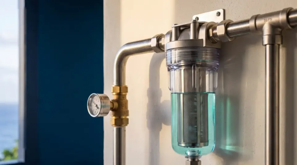 Gros plan sur un ensemble de filtration d’eau potable fixé au mur, l’eau tourne dans le bol transparent.