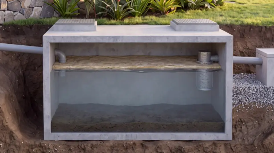 Une maison en coupe : l’eau descend des toilettes vers la fosse enterrée, puis la fosse en gros plan où les particules se déposent.