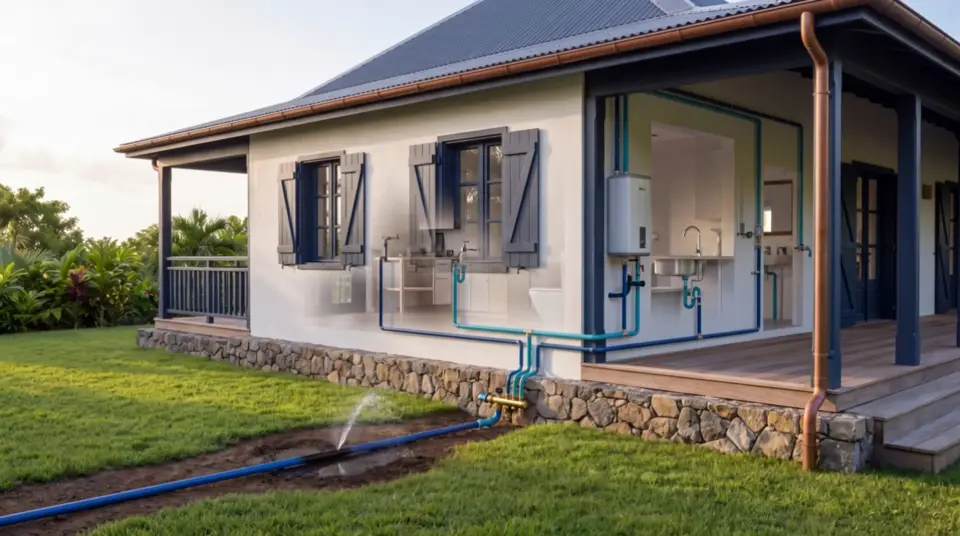 Coupe du terrain entre le compteur d’eau et la maison : l’eau fuit sur la conduite enterrée et un repère marque l’endroit.