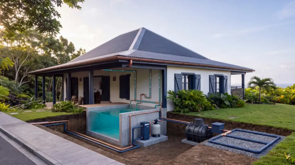 La case créole et, sous elle, ses réseaux d’eau qui s’allument l’un après l’autre : la pluie collectée, l’eau potable, les eaux usées.