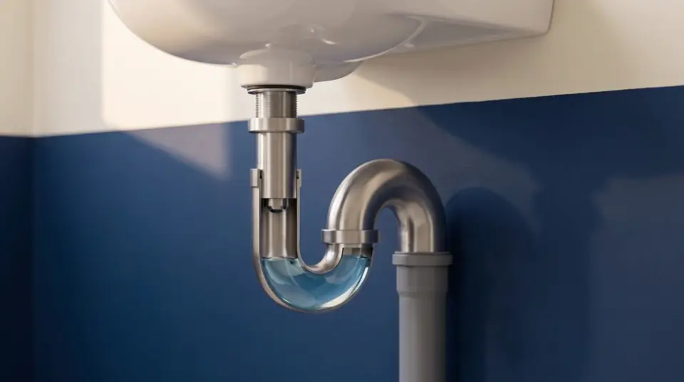 Un siphon vu en coupe sous un lavabo, avec la garde d’eau qui reste au fond du U.