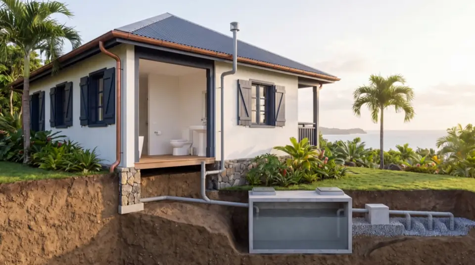 Une maison en coupe : l’eau descend des toilettes vers la fosse enterrée, puis la fosse en gros plan où les particules se déposent.